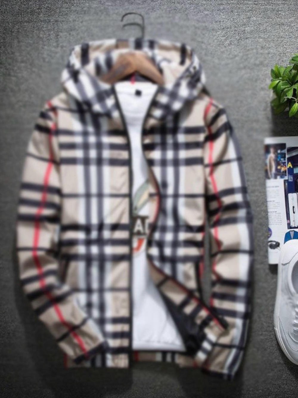 Designer inspired Beige Plaid Hooded Windbreaker with Black and Red Accents